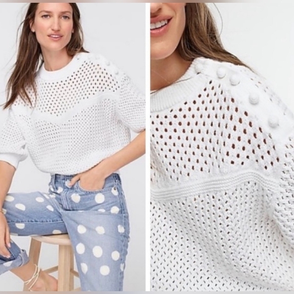 J.Crew Elbow-Sleeve Sweater With Crocheted Shoulder Buttons In White Size L - Picture 1 of 15